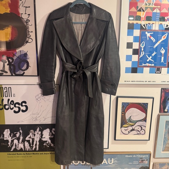 Vintage Gray Long Leather Trench Coat - women’s XS - Picture 2 of 16